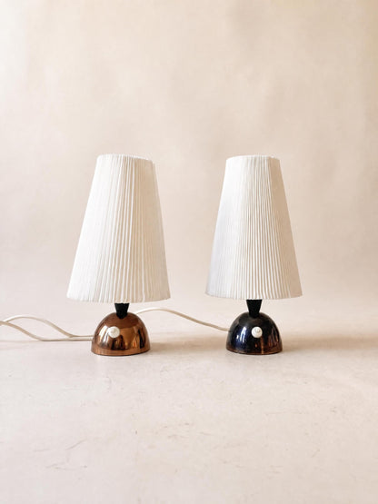 Pair of 50s Copper Bedside Tables with Vintage Pleated Fabric Shades — photo 1