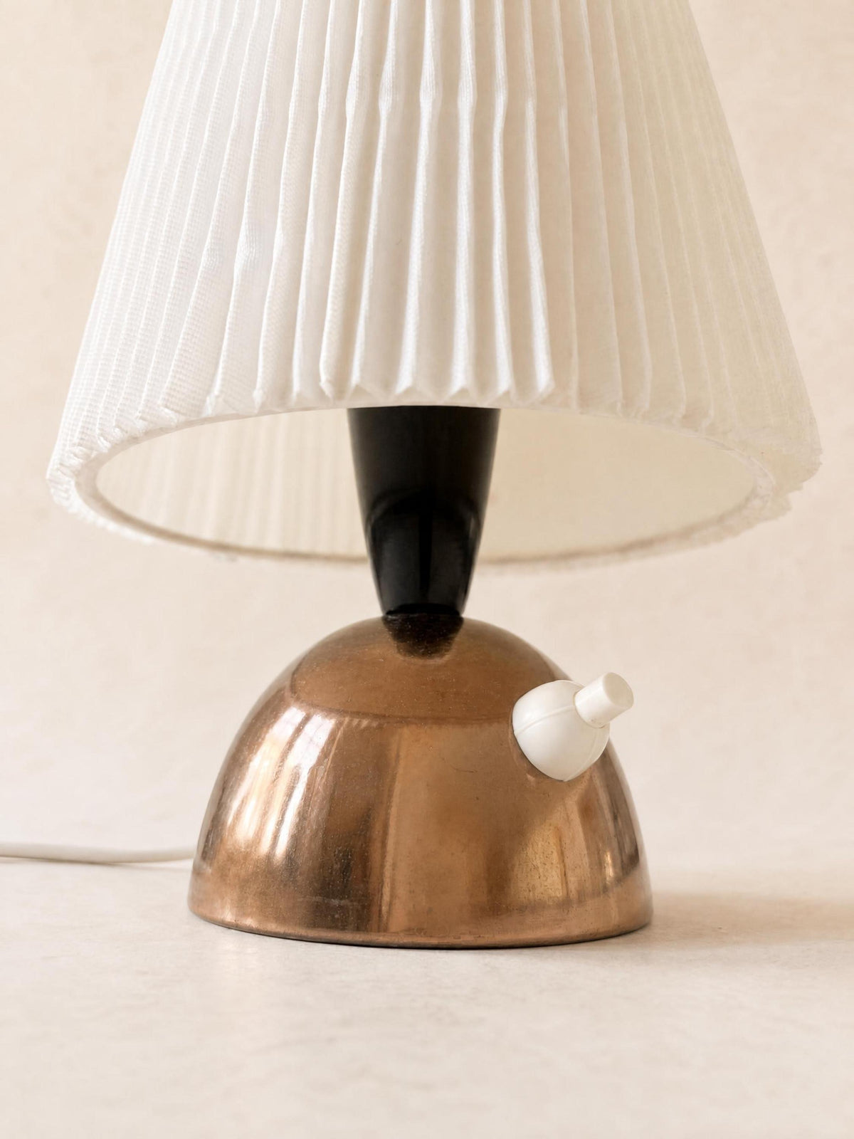 Pair of 50s Copper Bedside Tables with Vintage Pleated Fabric Shades — photo 2