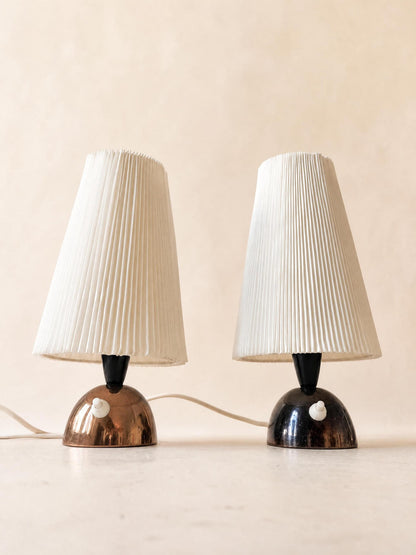 Pair of 50s Copper Bedside Tables with Vintage Pleated Fabric Shades — photo 4