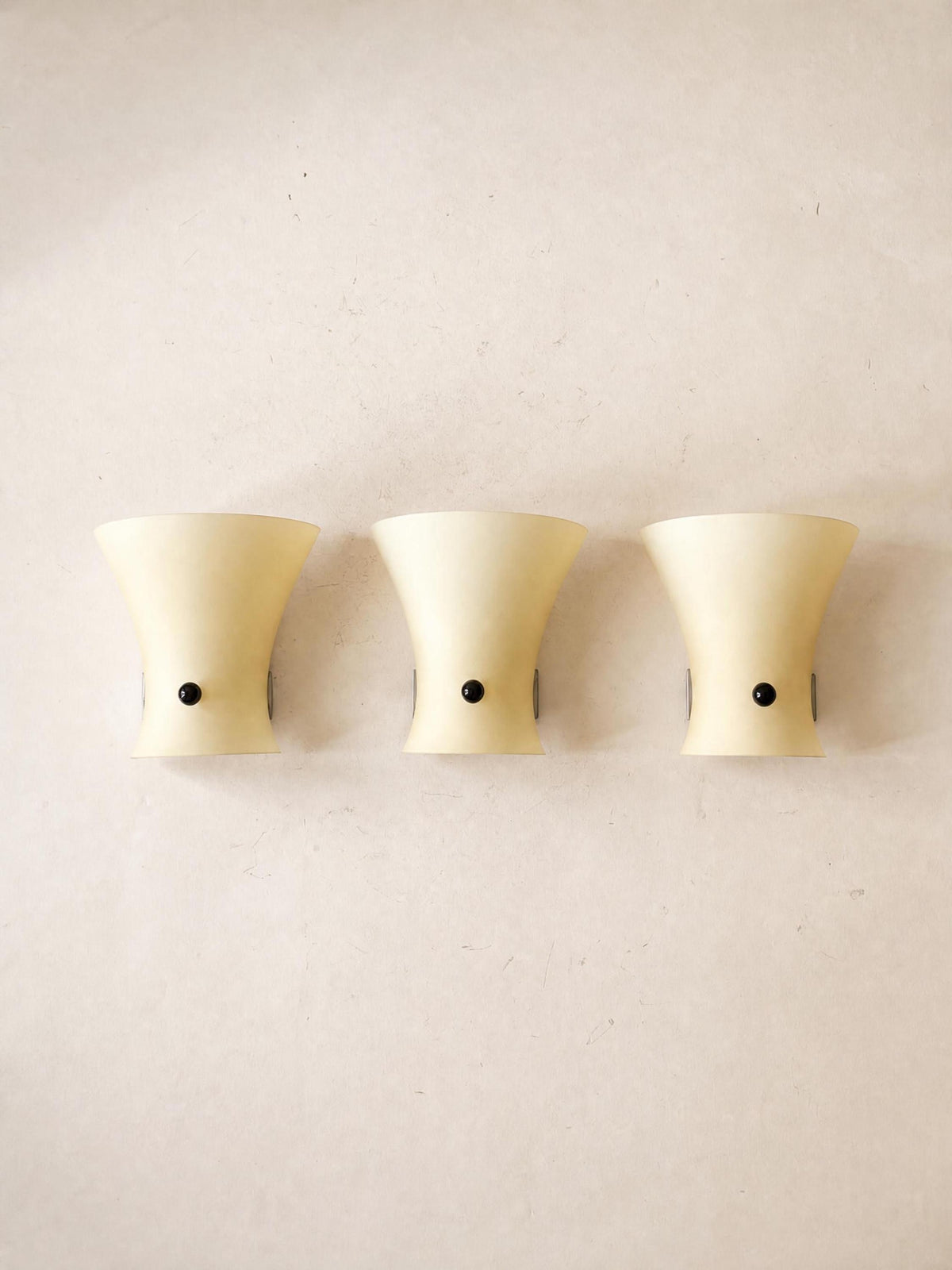 Set of 3 Italian 80s Itre Wall Lights in Opaline Glass, Yellow Eggshell Sculptural Sconces — photo 1
