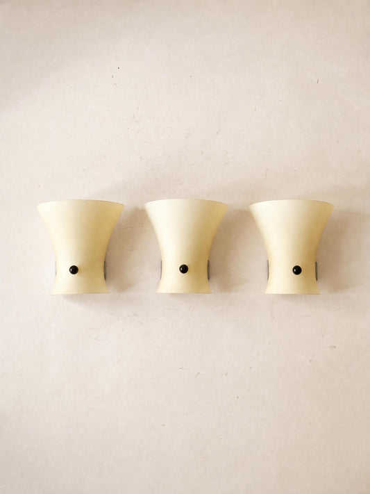 Set of 3 Italian 80s Itre Wall Lights in Opaline Glass, Yellow Eggshell Sculptural Sconces — photo 1