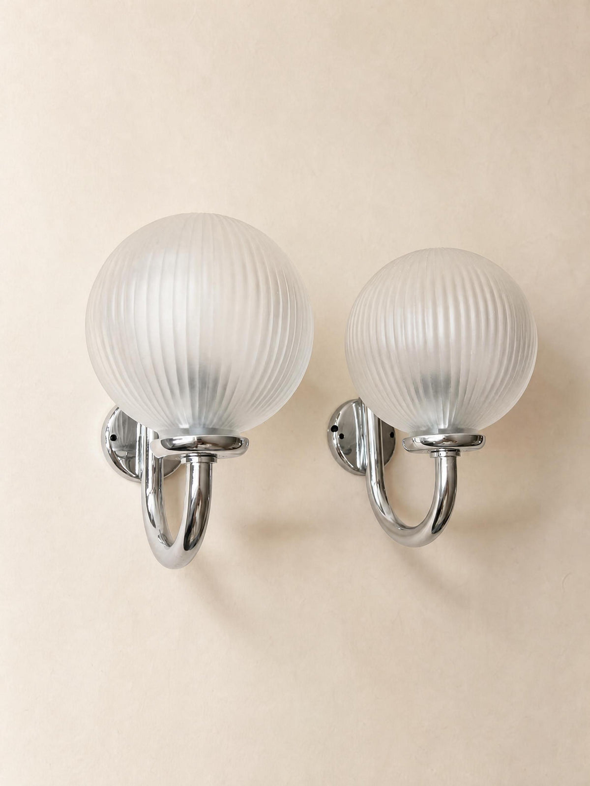 Italian 80s Frosted Glass Wall Sconces, Pair of Chrome Globe Wall Lights — photo 2