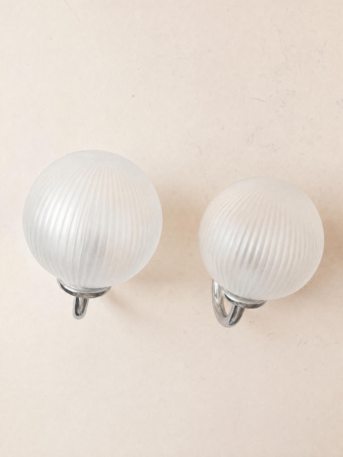 Italian 80s Frosted Glass Wall Sconces, Pair of Chrome Globe Wall Lights — photo 3