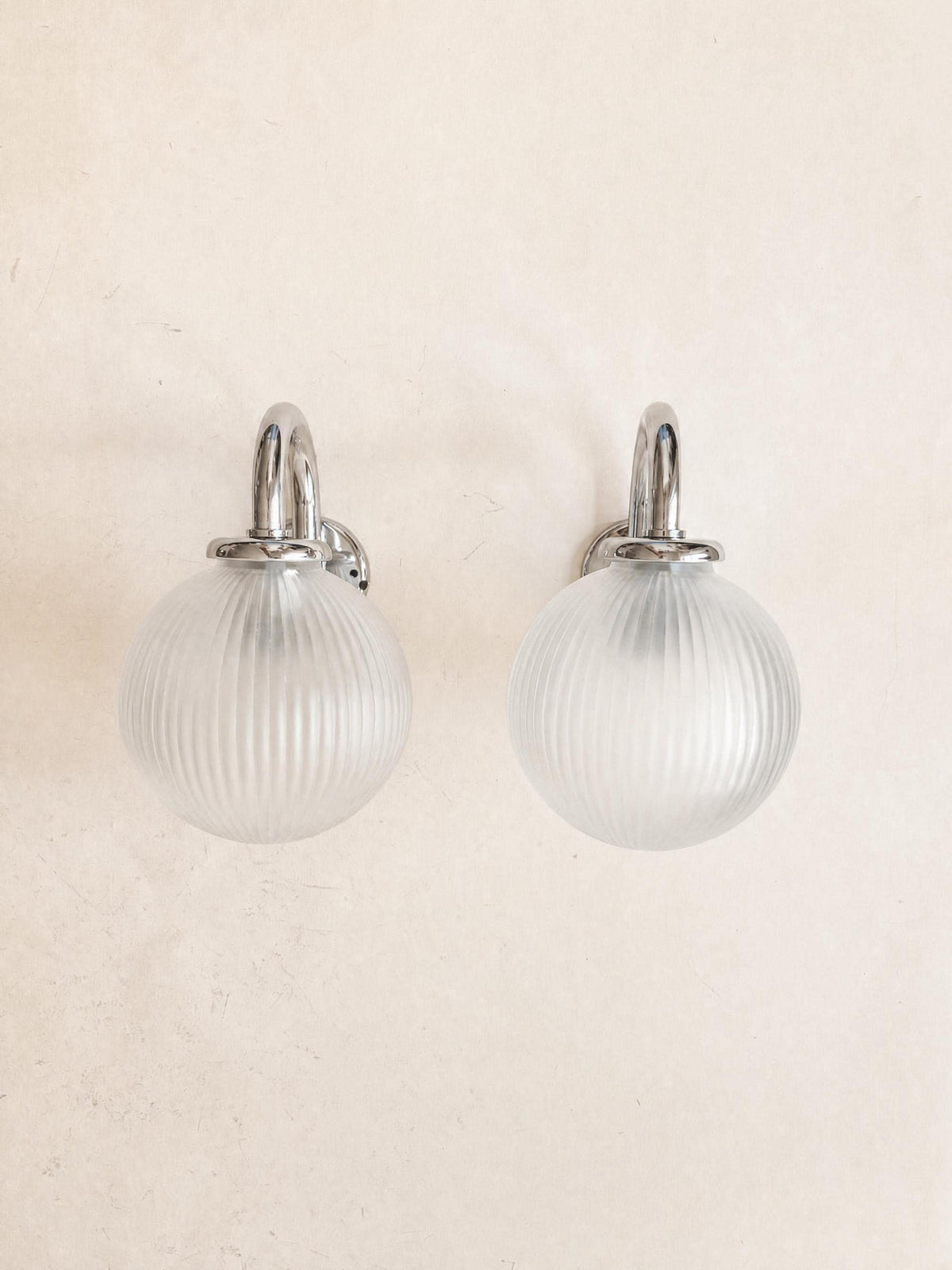 Italian 80s Frosted Glass Wall Sconces, Pair of Chrome Globe Wall Lights — photo 5
