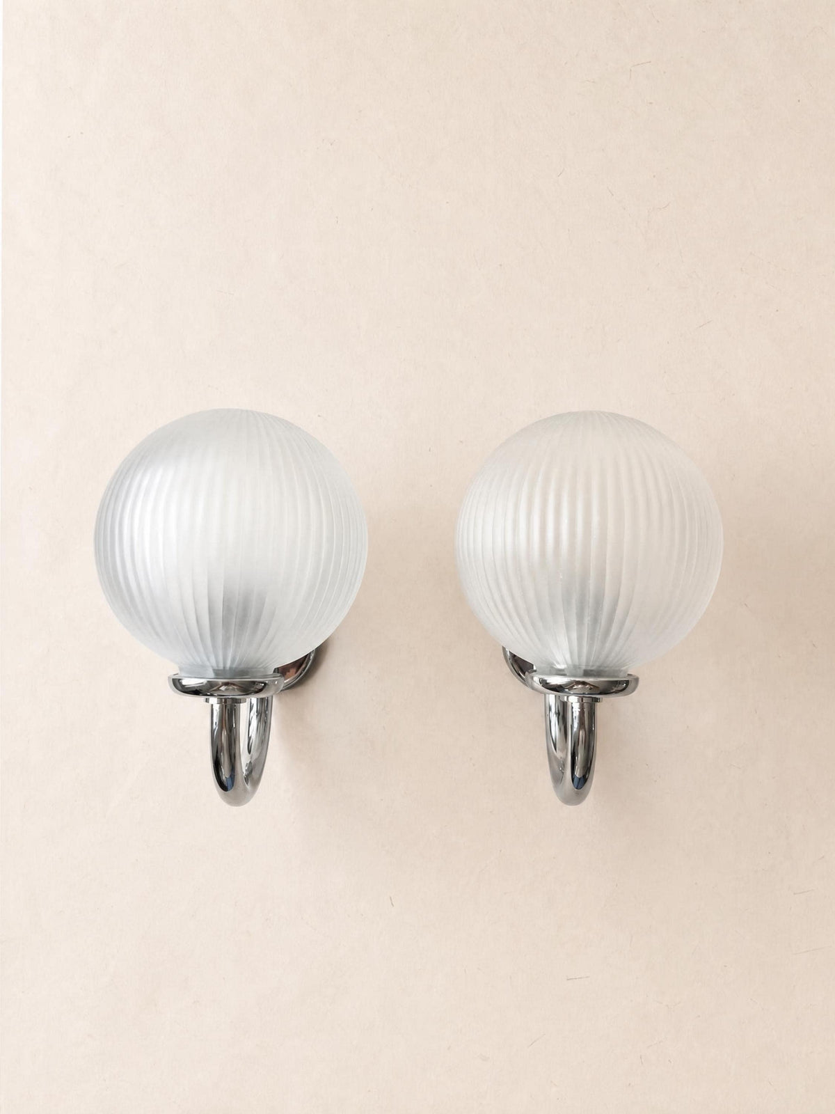 Italian 80s Frosted Glass Wall Sconces, Pair of Chrome Globe Wall Lights — photo 1