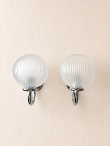 Italian 80s Frosted Glass Wall Sconces, Pair of Chrome Globe Wall Lights — photo 1