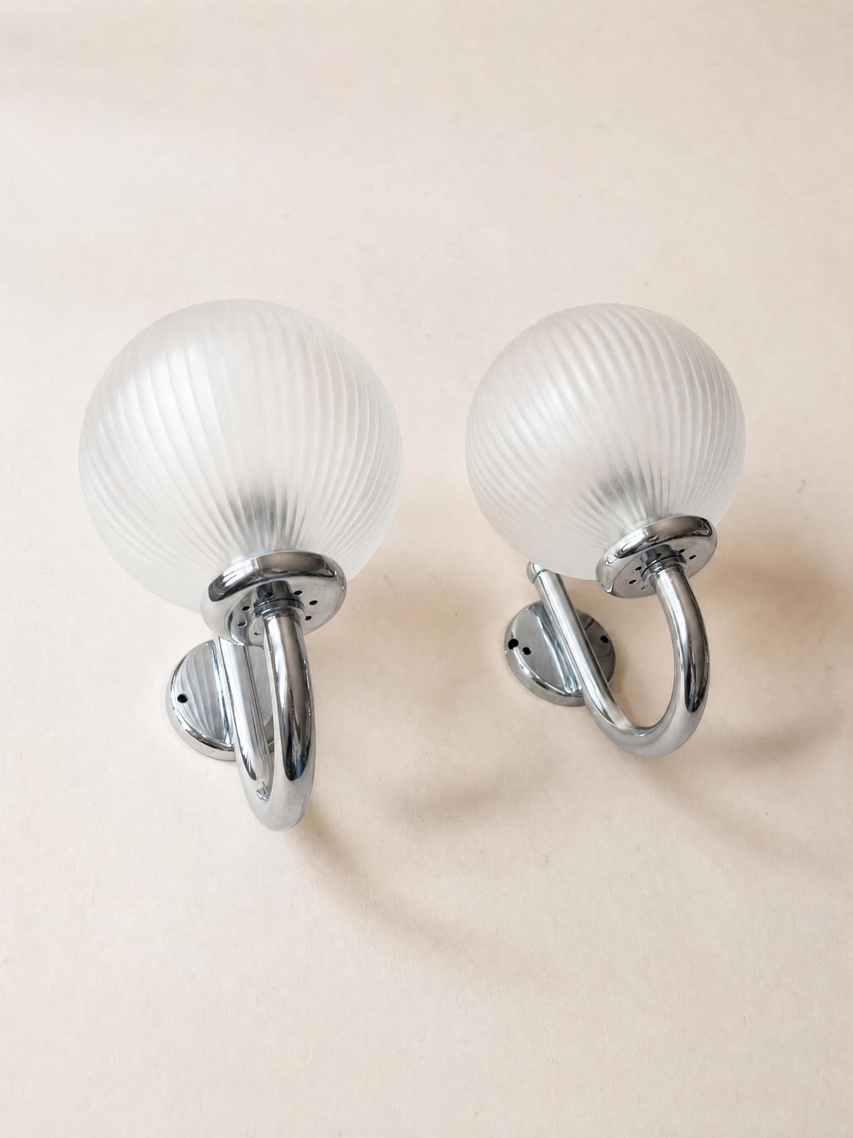 Italian 80s Frosted Glass Wall Sconces, Pair of Chrome Globe Wall Lights — photo 6
