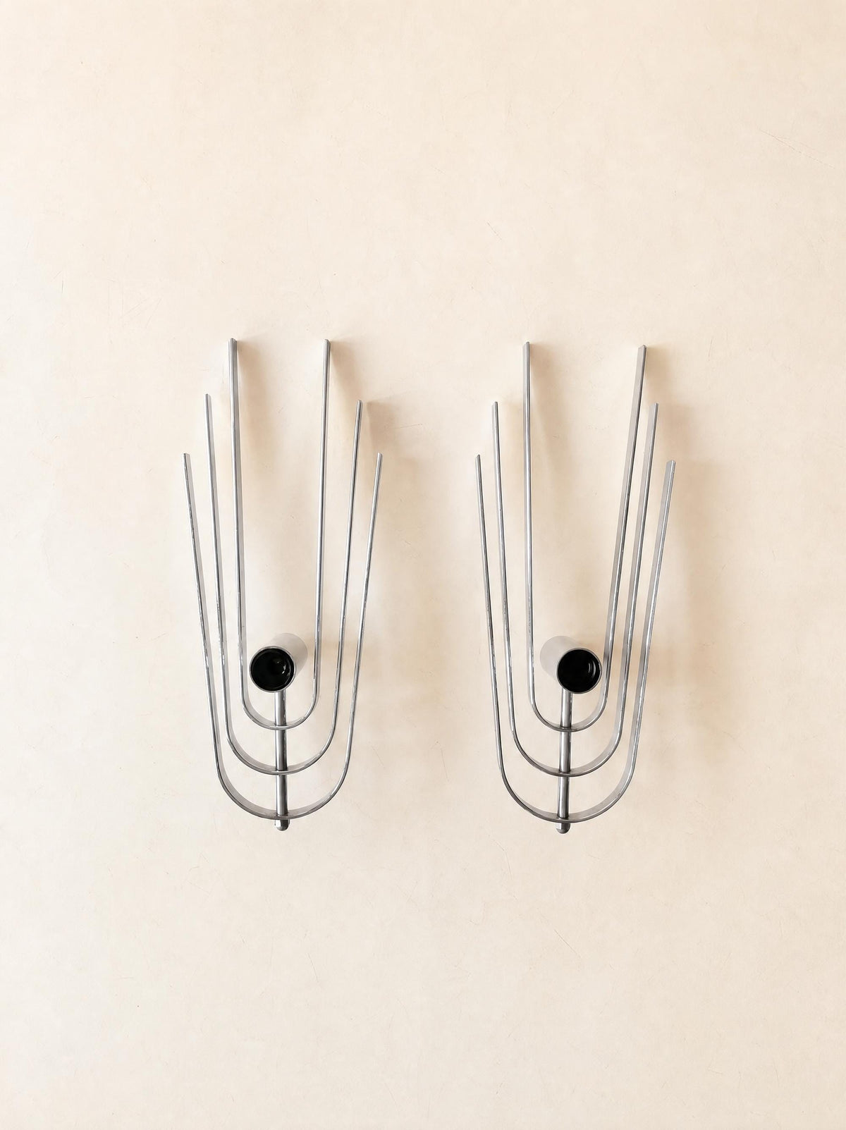 Pair of Vintage 70s French Chrome Wall Lights, Sculptural Sconces — photo 1