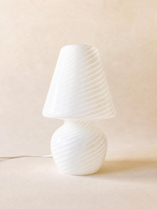 Vintage Italian 70s Murano Mushroom Table Lamp, White Swirl Opaline Glass — photo 1