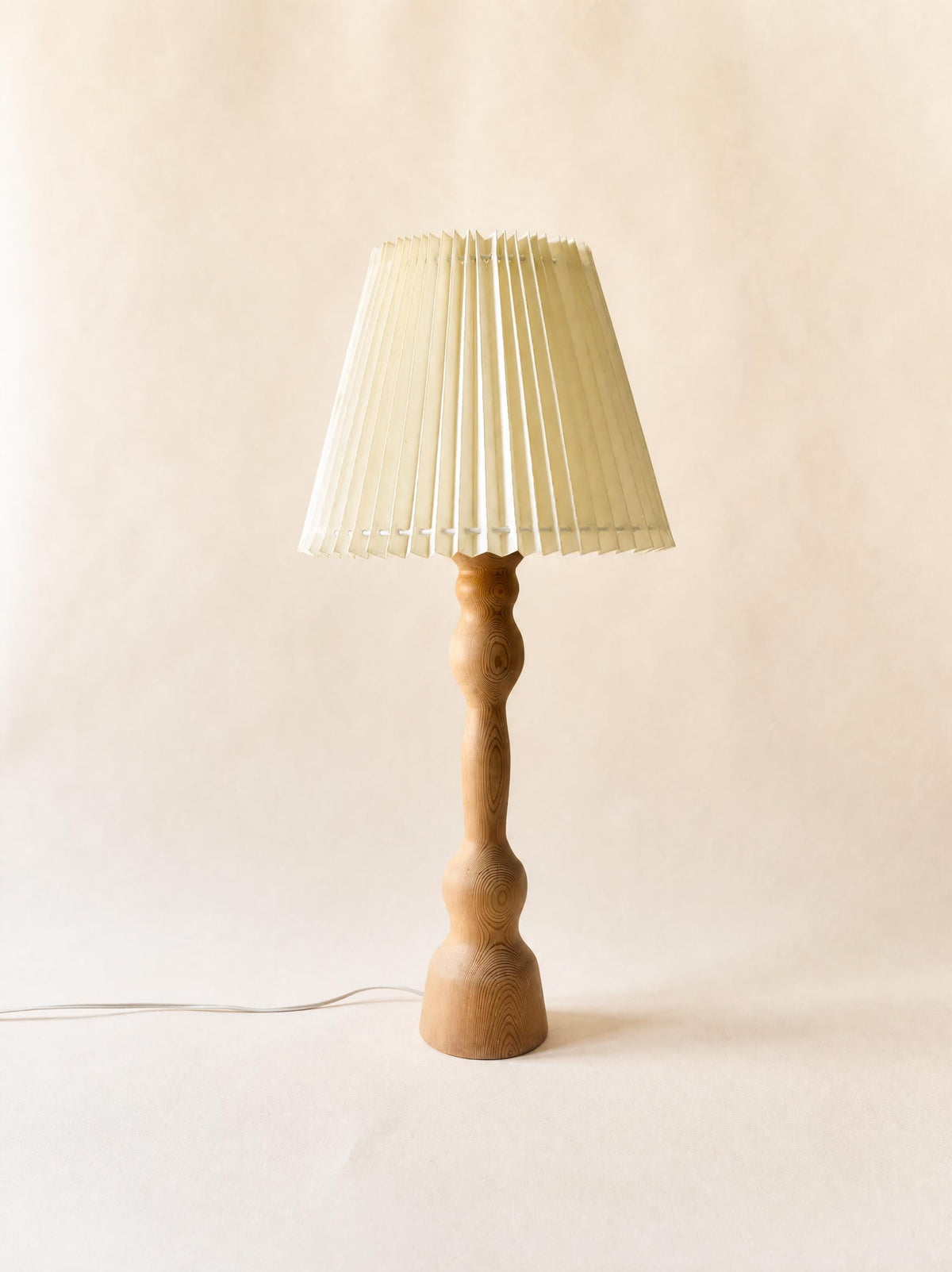 Large Danish Vintage Hand-Carved Wooden Table Lamp with Pleated Shade — photo 1