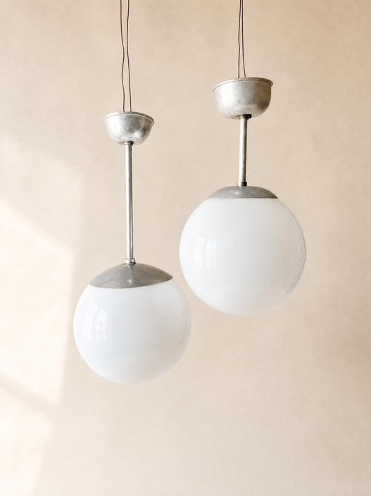 Vintage Italian 50s Opaline Glass Pendant Lights, Pair of Globe Lamps — photo 1