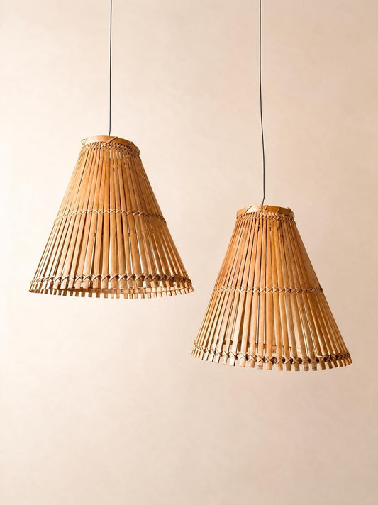 Pair of Vintage French 60s Handmade Bamboo Pendant Lampshades — photo 1