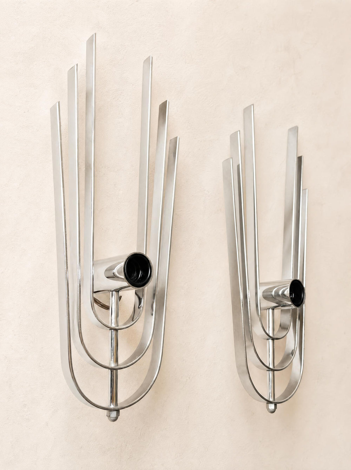Pair of Vintage 70s French Chrome Wall Lights, Sculptural Sconces — photo 2
