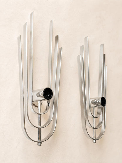 Pair of Vintage 70s French Chrome Wall Lights, Sculptural Sconces — photo 2