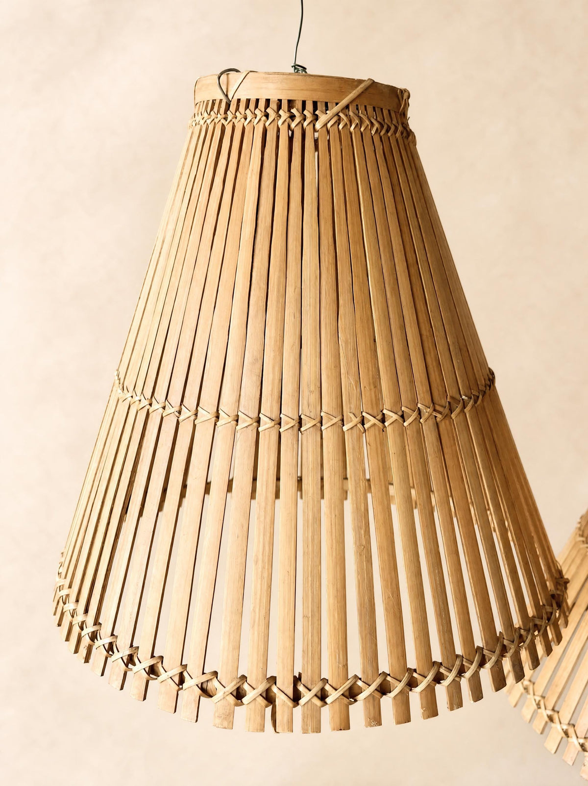 Pair of Vintage French 60s Handmade Bamboo Pendant Lampshades — photo 6