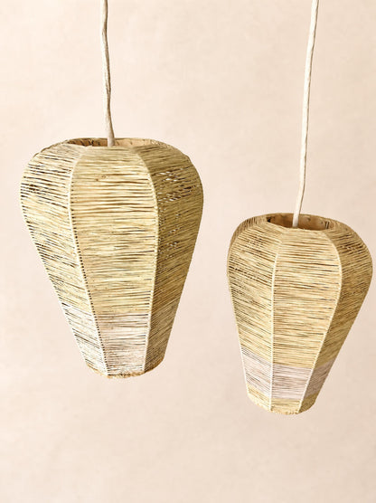Pair of Vintage 50s Raffia Pendant Lights, Woven Geometric Ceiling Lamps — photo 3