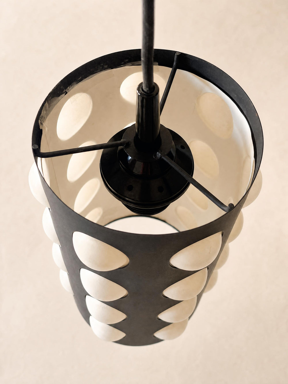 Vintage 70s Black Metal Pendant Light with White Dome Shades — photo 6