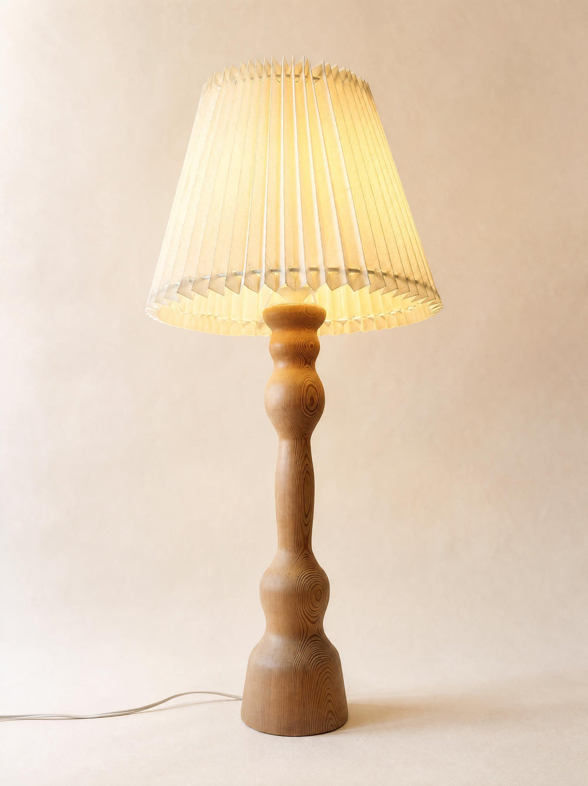 Large Danish Vintage Hand-Carved Wooden Table Lamp with Pleated Shade — photo 7
