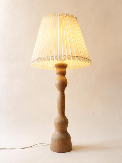 Large Danish Vintage Hand-Carved Wooden Table Lamp with Pleated Shade — photo 7