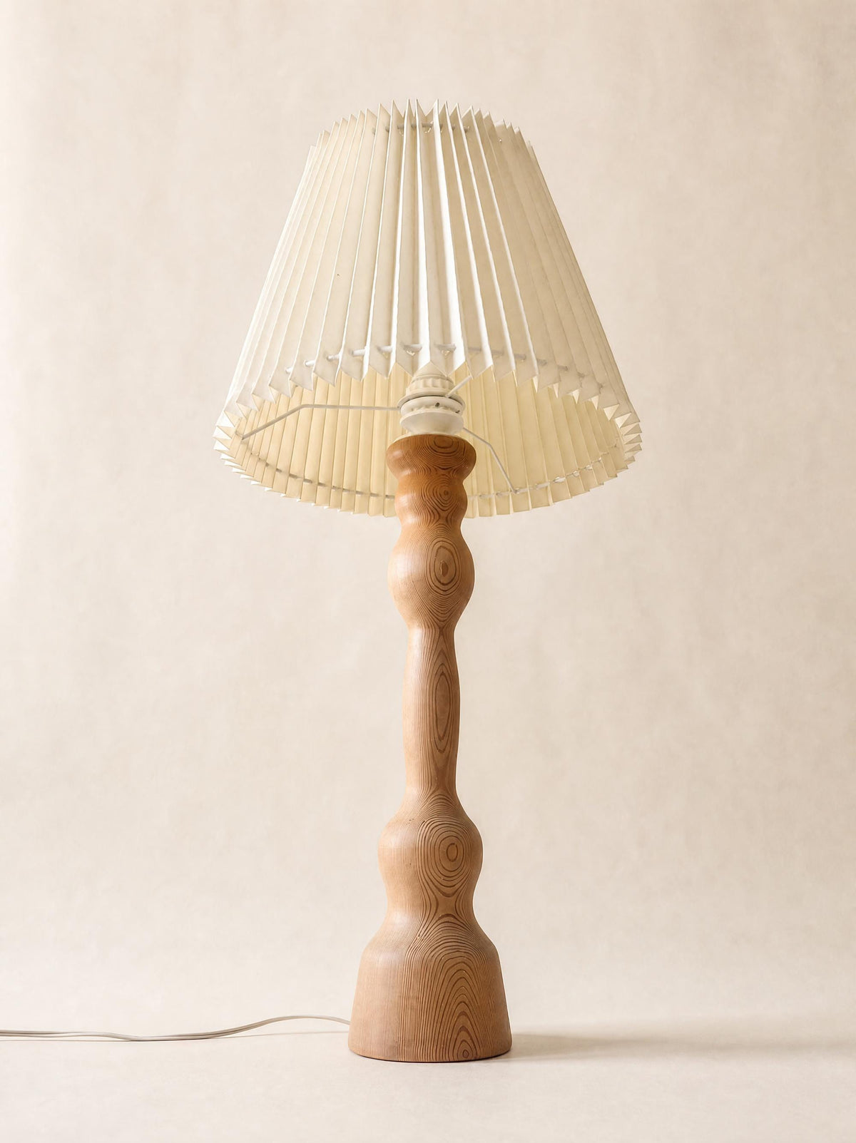 Large Danish Vintage Hand-Carved Wooden Table Lamp with Pleated Shade — photo 4