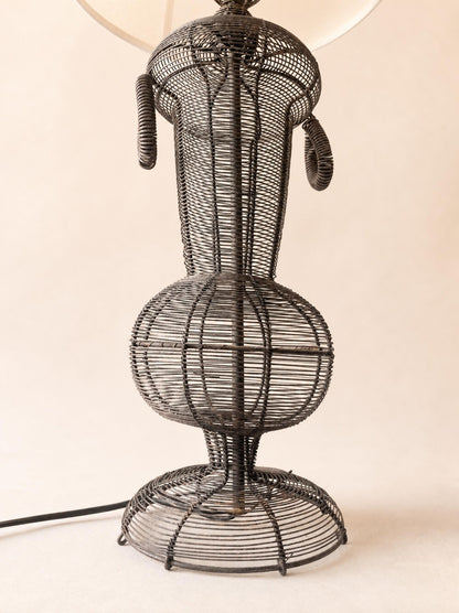 Vintage French Wire Wicker Table Lamp with White Shade — photo 2