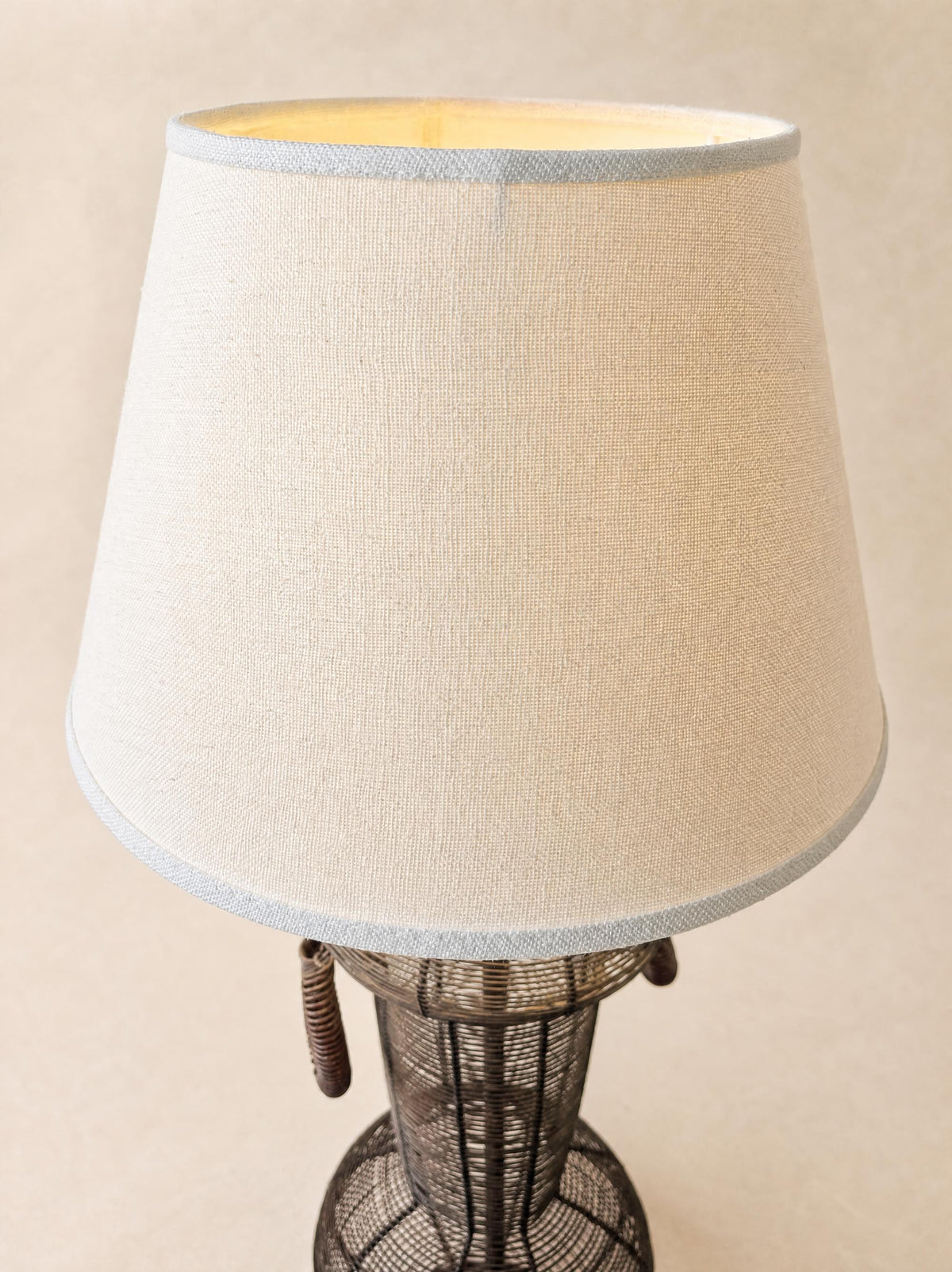 Vintage French Wire Wicker Table Lamp with White Shade — photo 7