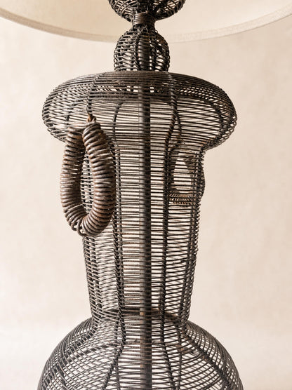 Vintage French Wire Wicker Table Lamp with White Shade — photo 4