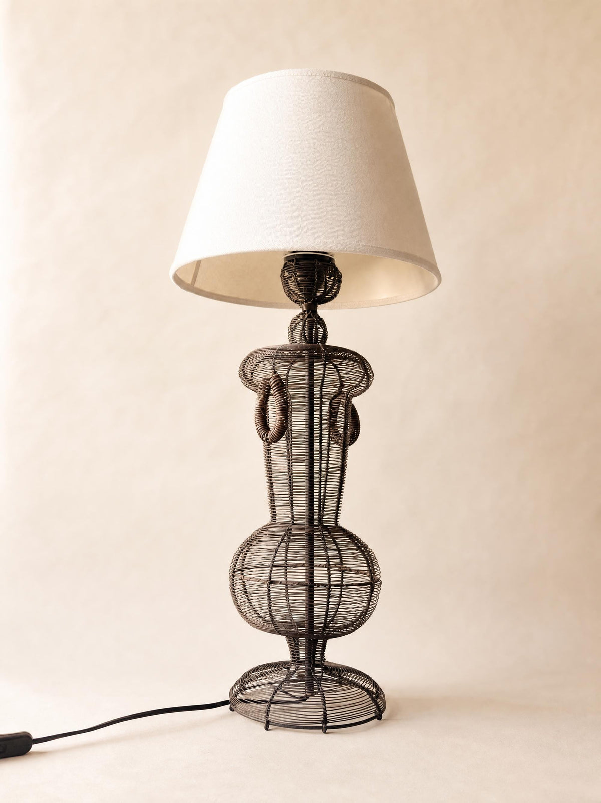 Vintage French Wire Wicker Table Lamp with White Shade — photo 5