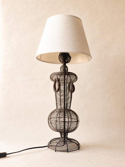 Vintage French Wire Wicker Table Lamp with White Shade — photo 5