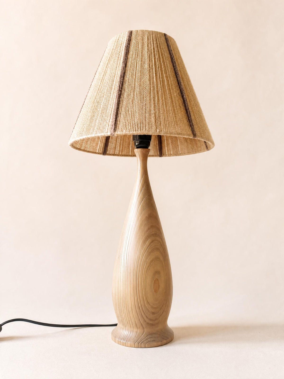 Vintage Turned Wood Table Lamp with String Shade, Scandinavian Style — photo 3
