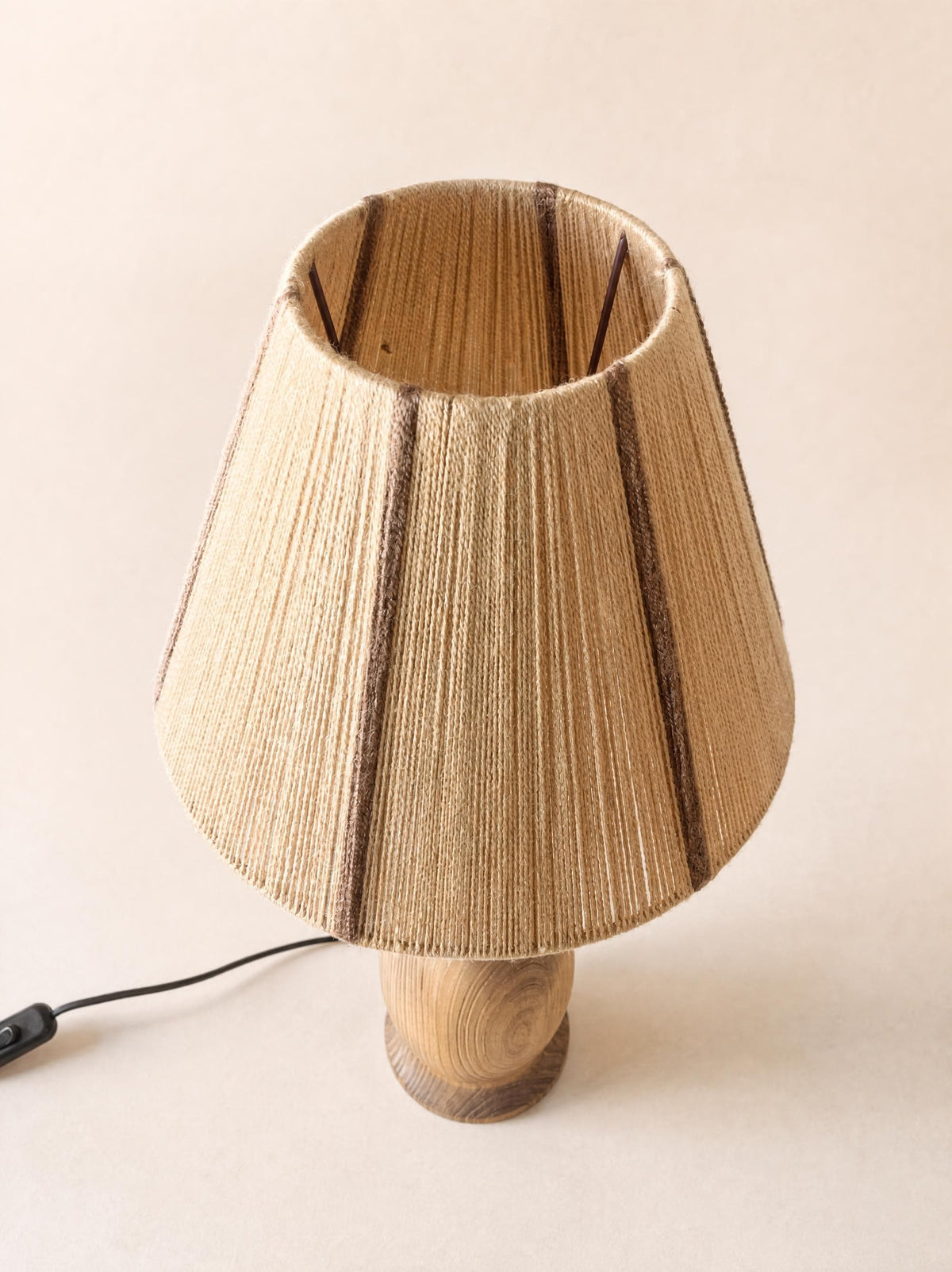 Vintage Turned Wood Table Lamp with String Shade, Scandinavian Style — photo 4