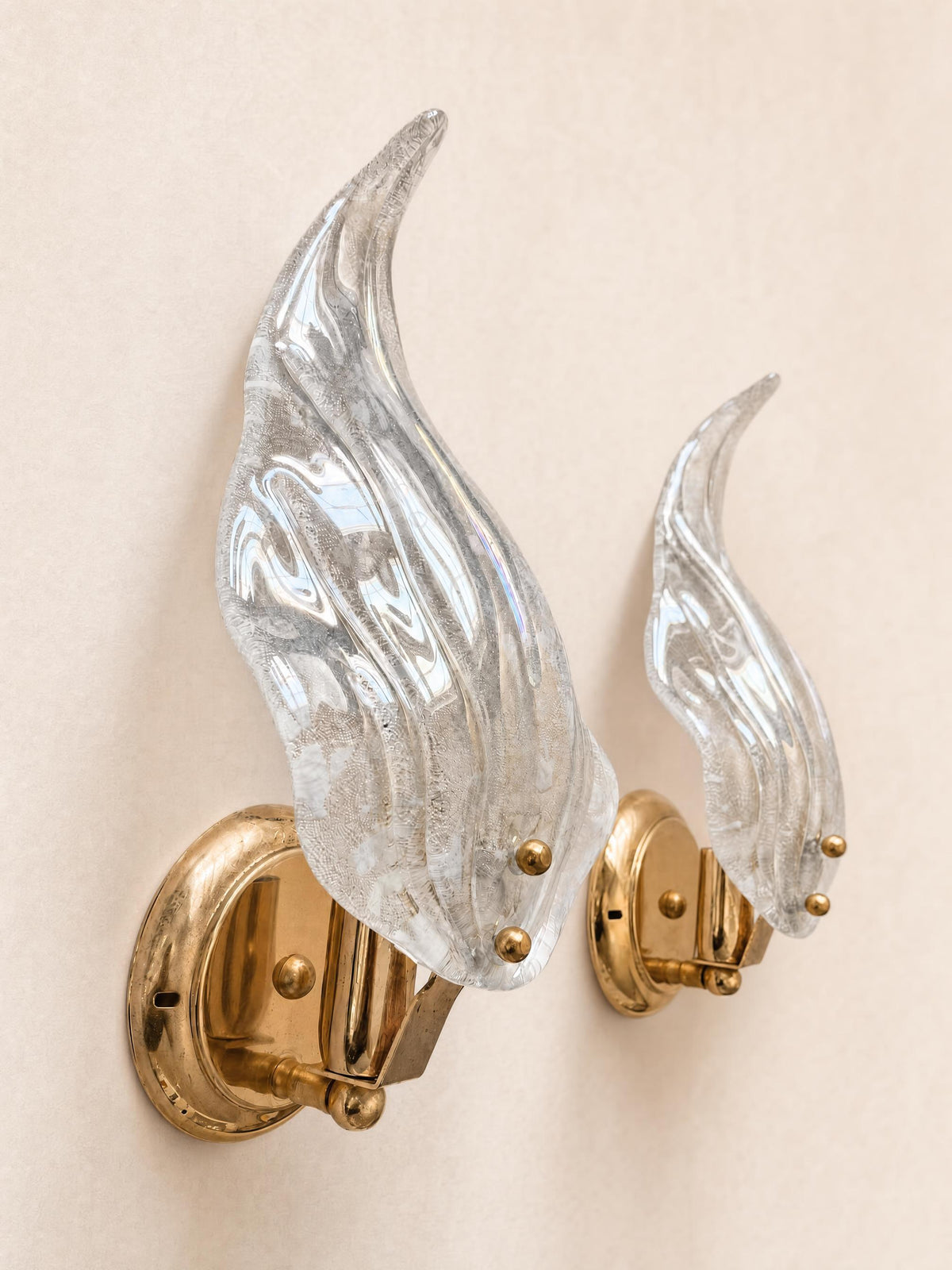 Italian 70s Murano Glass Wall Sconces | Pair of Sculptural Brass Wall Lights — photo 2