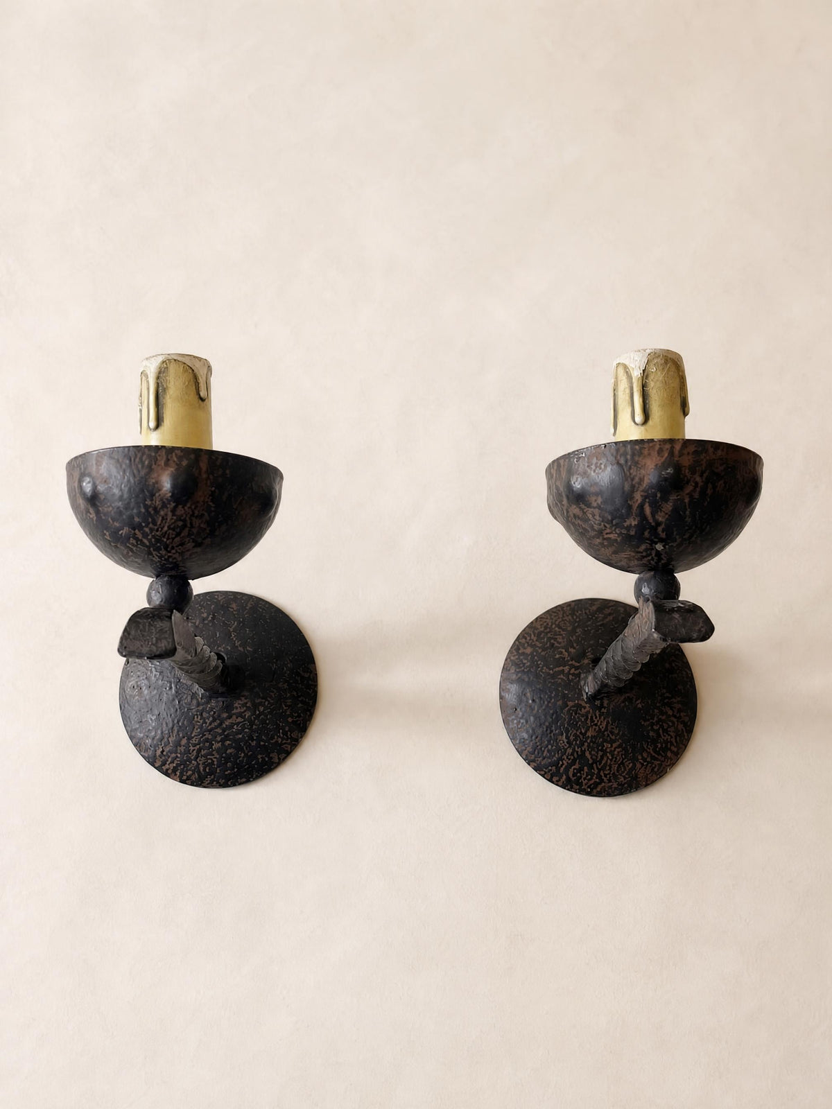 French 50s Wrought Iron Wall Sconces, Pair of Rustic Candle Cup Wall Lights — photo 3