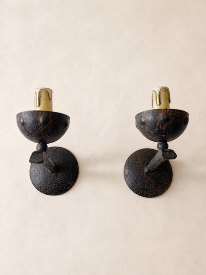 French 50s Wrought Iron Wall Sconces, Pair of Rustic Candle Cup Wall Lights — photo 3