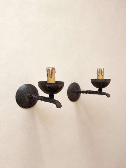 French 50s Wrought Iron Wall Sconces, Pair of Rustic Candle Cup Wall Lights — photo 4