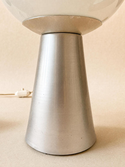 Italian 70s Opaline Glass Table Lights, Pair of Globe Lamps on Brushed Aluminium Base — photo 7