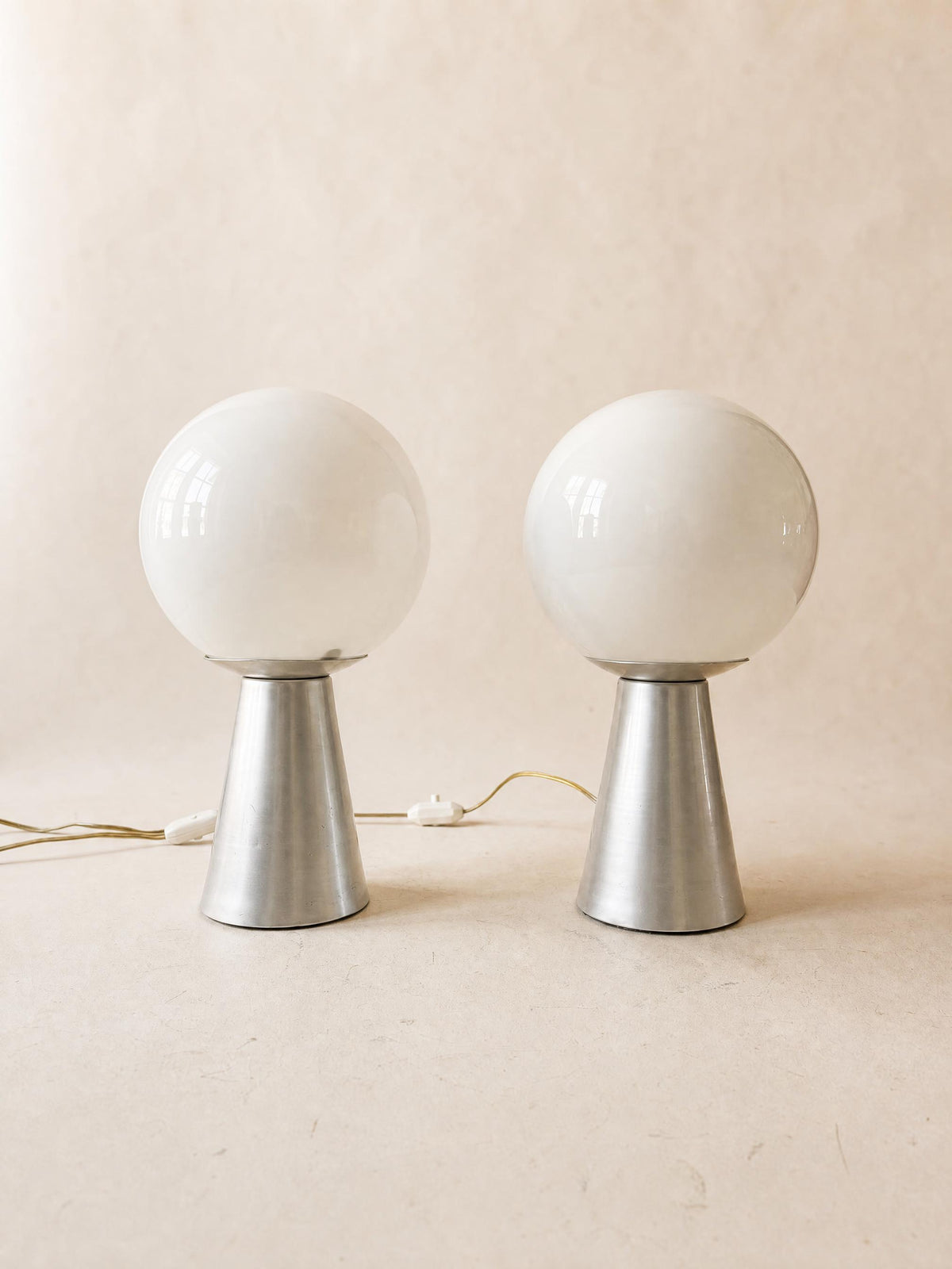 Italian 70s Opaline Glass Table Lights, Pair of Globe Lamps on Brushed Aluminium Base — photo 1