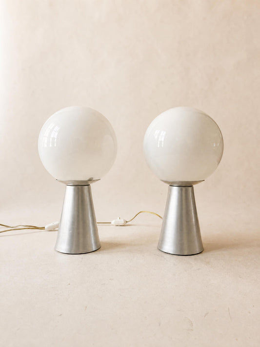Italian 70s Opaline Glass Table Lights, Pair of Globe Lamps on Brushed Aluminium Base — photo 1