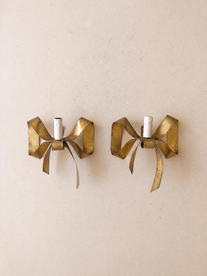 1 of 4 French 60s Brass Wall Sconces | Sculptural Bow Ribbon Candle Style Lights — photo 1