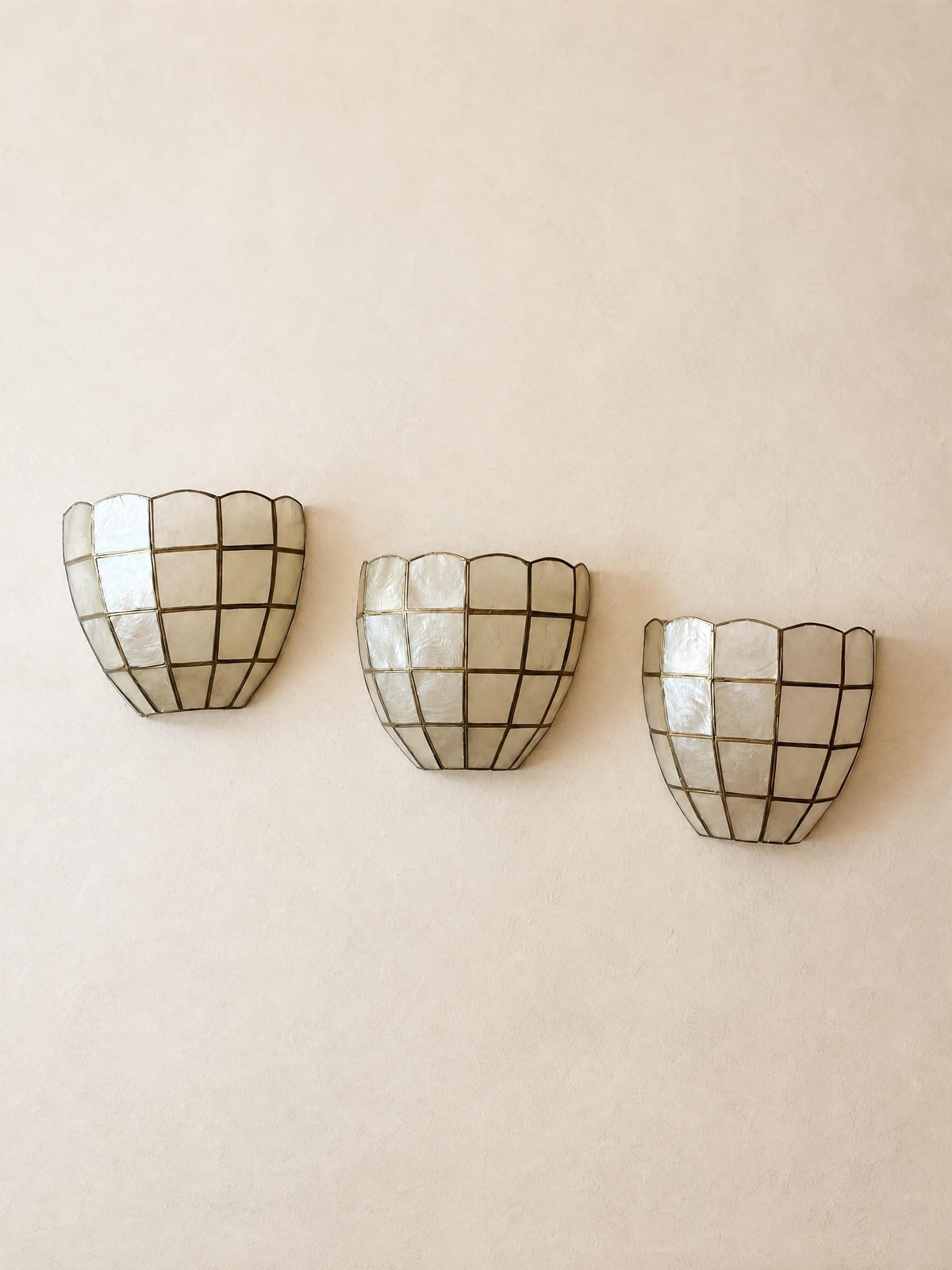Set of 3 Art Deco Style Shell Wall Sconces in Capiz and Brass — photo 1