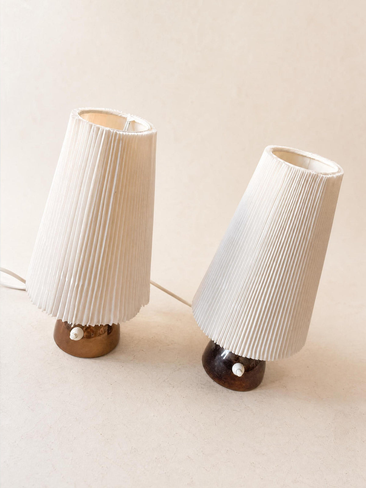 Pair of 50s Copper Bedside Tables with Vintage Pleated Fabric Shades — photo 5