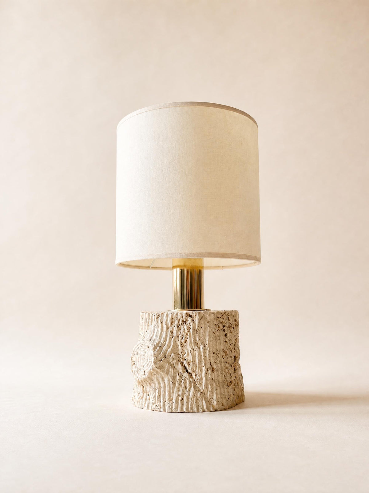 Vintage Italian Sculpted Travertine Table Lamp with Drum Shade — photo 1