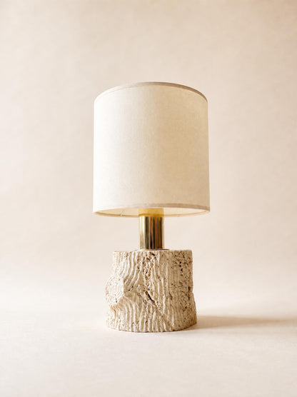 Vintage Italian Sculpted Travertine Table Lamp with Drum Shade — photo 1