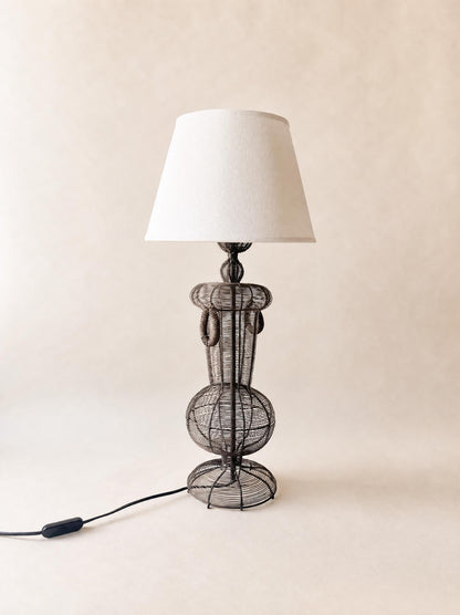 Vintage French Wire Wicker Table Lamp with White Shade — photo 1