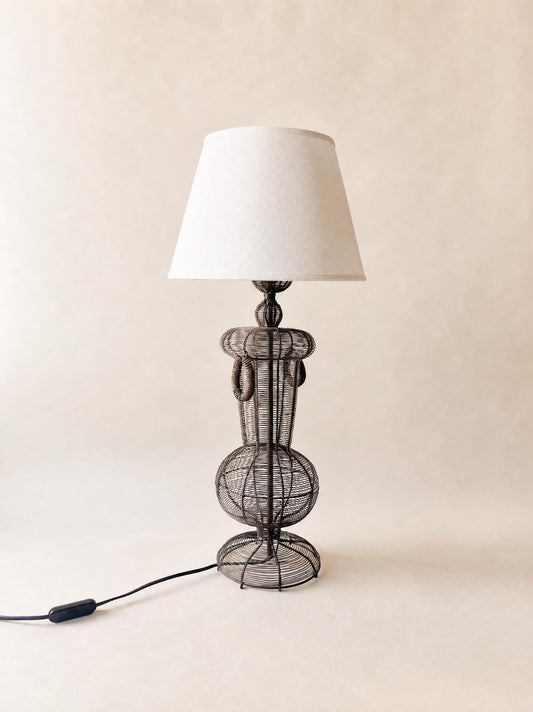 Vintage French Wire Wicker Table Lamp with White Shade — photo 1