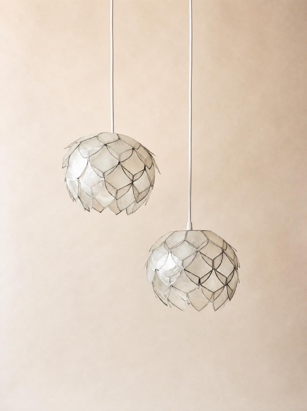 Pair of Vintage Lotus Capiz Shell Pendant Lights, Globe Hanging Lamps — photo 1