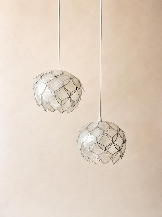 Pair of Vintage Lotus Capiz Shell Pendant Lights, Globe Hanging Lamps — photo 1