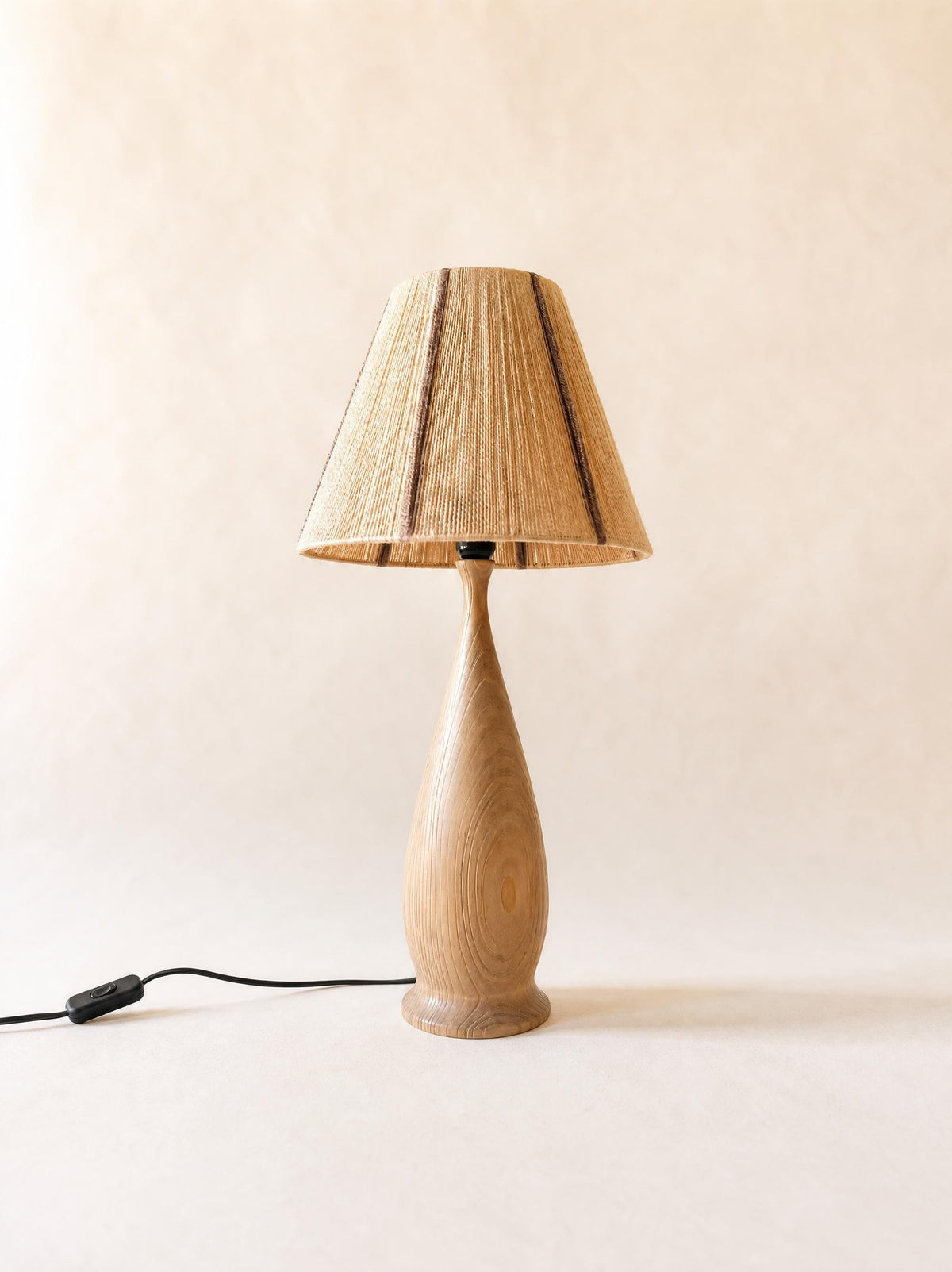 Vintage Turned Wood Table Lamp with String Shade, Scandinavian Style — photo 1