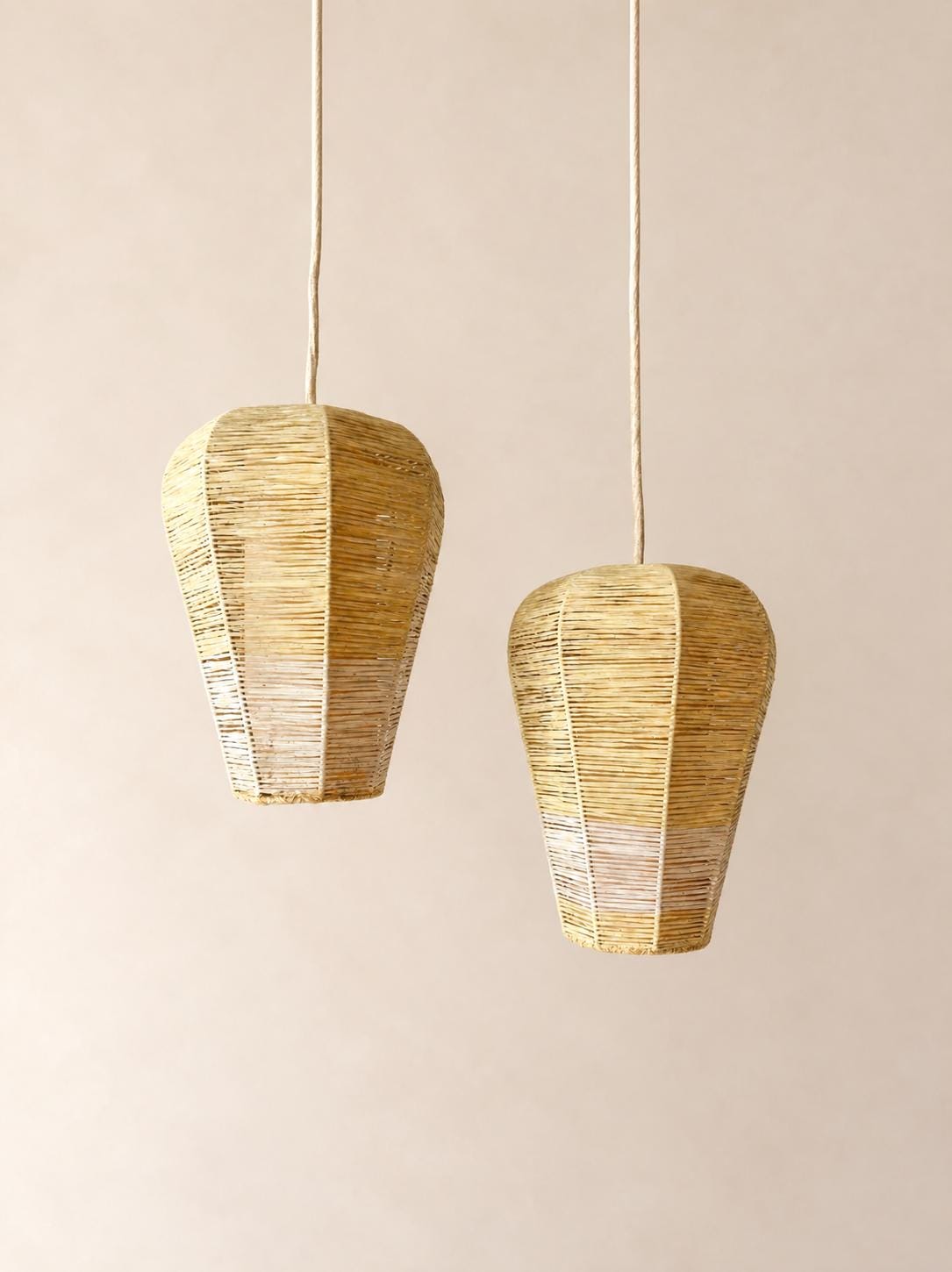 Pair of Vintage 50s Raffia Pendant Lights, Woven Geometric Ceiling Lamps — photo 1