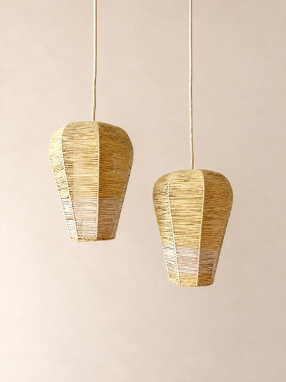Pair of Vintage 50s Raffia Pendant Lights, Woven Geometric Ceiling Lamps — photo 1